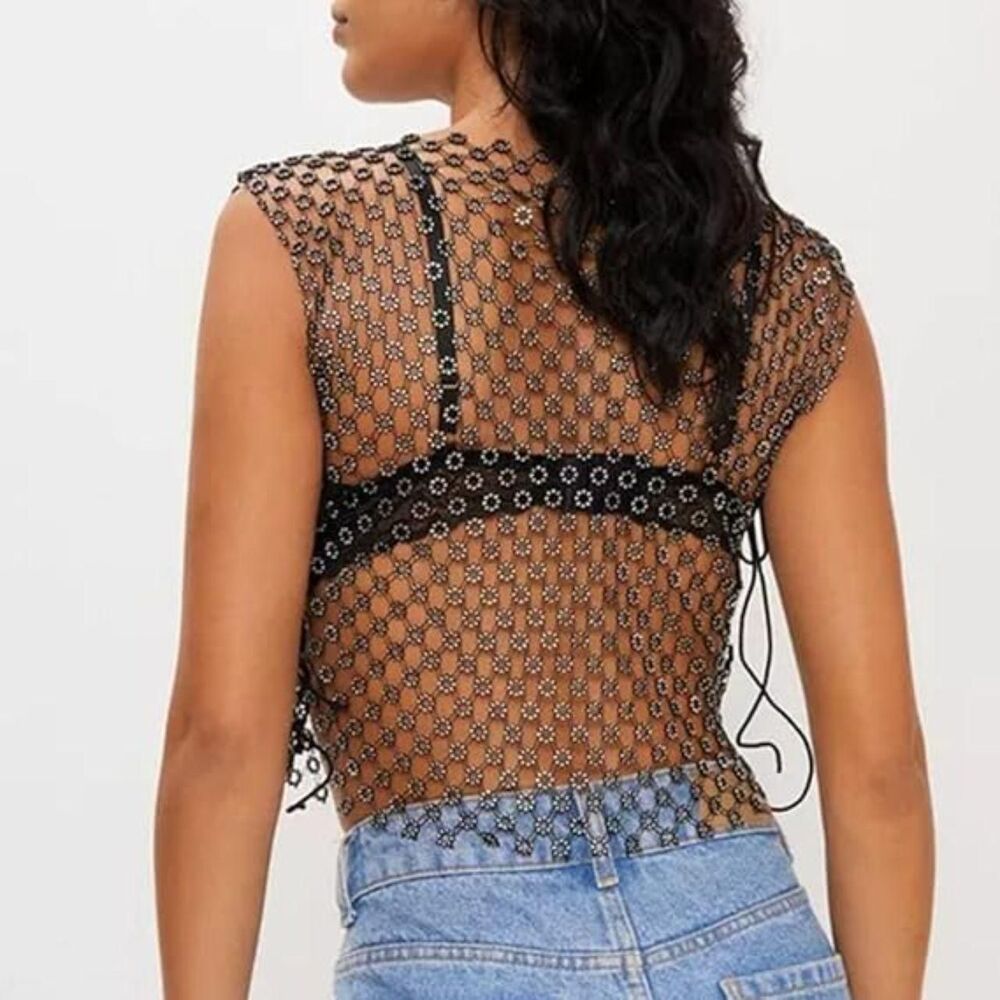 Black Silver Early 2000's See Through Rhinestone Fishnet Top OS / S / XS - Picture 3 of 8